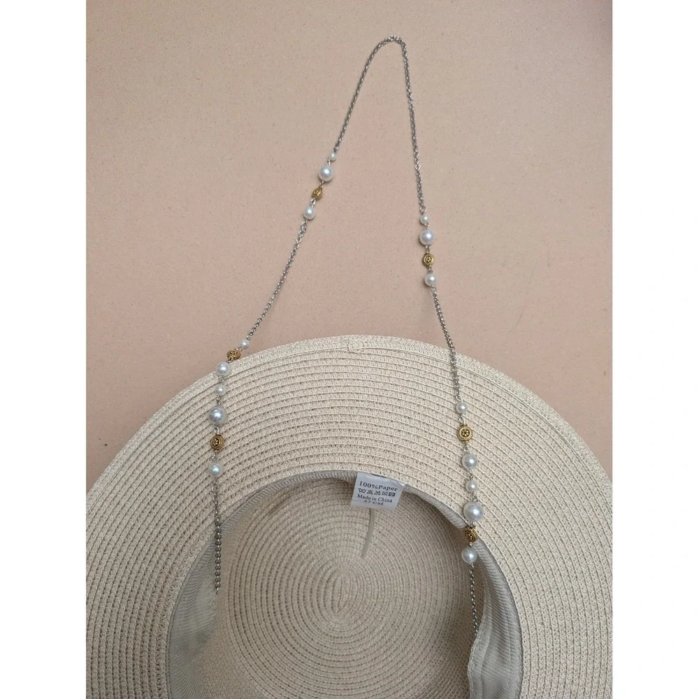 Beige Paper Straw Boater Hat Pearl‎ Trim Chain Strap Summer Beach Bridal Boho